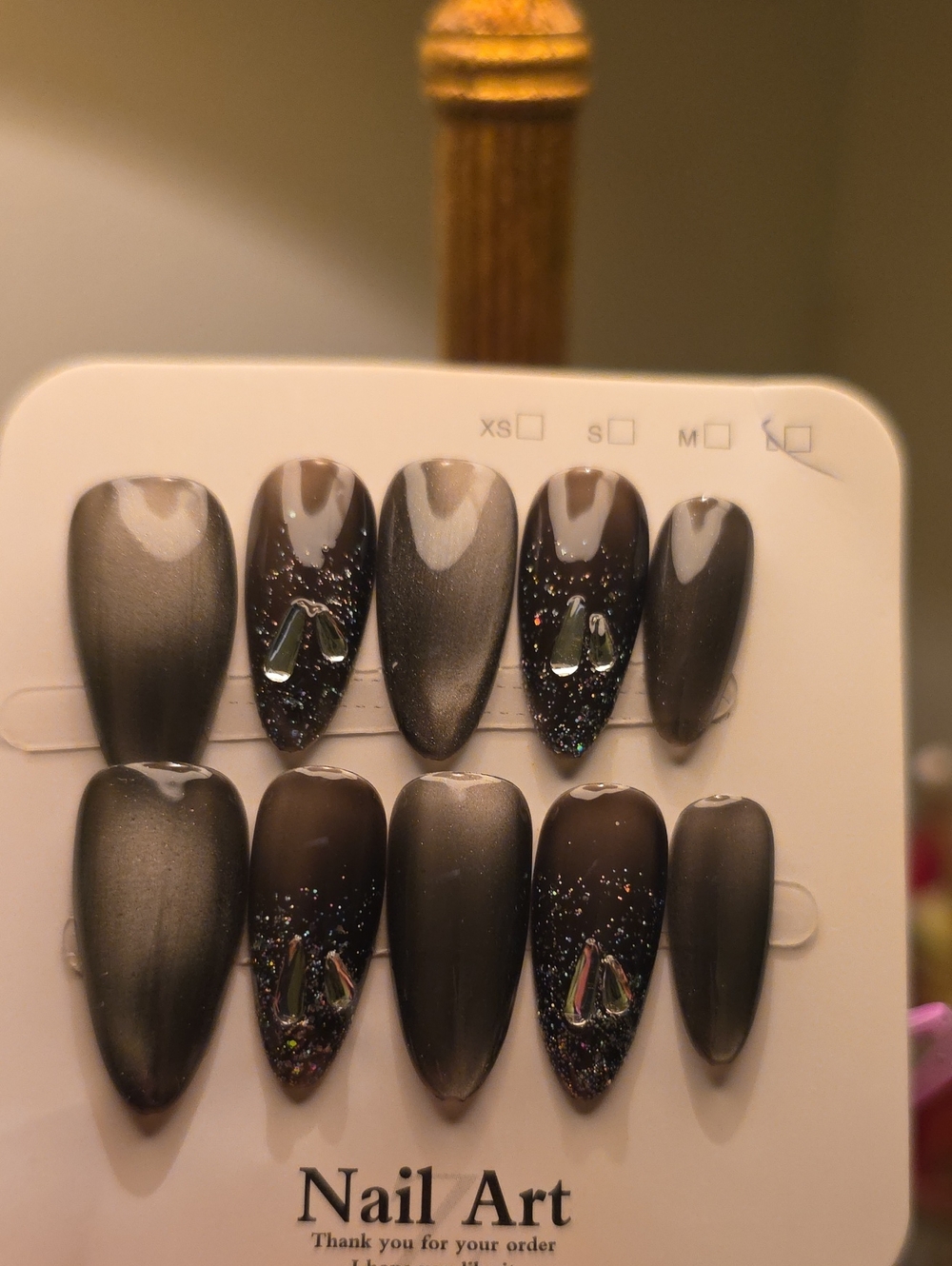Nail Art Press-On Set - Black Ombre with Iridescent Glitter Accents Size Large